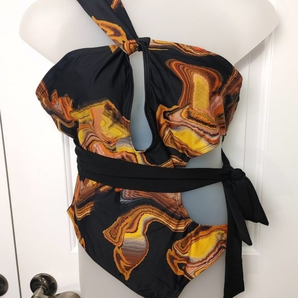 Marble brown black cut out plus size swim suit - Picture 2 of 6